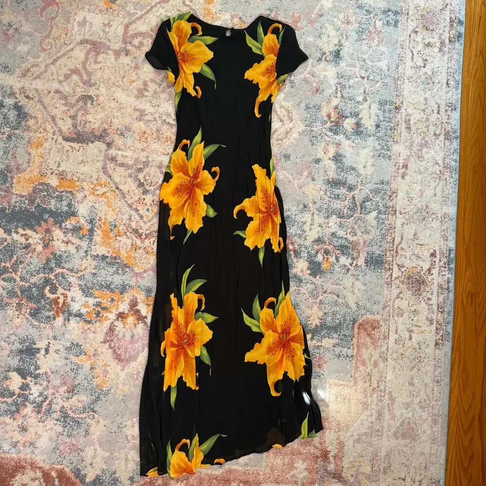 Vintage 90s black daffodil print maxi dress